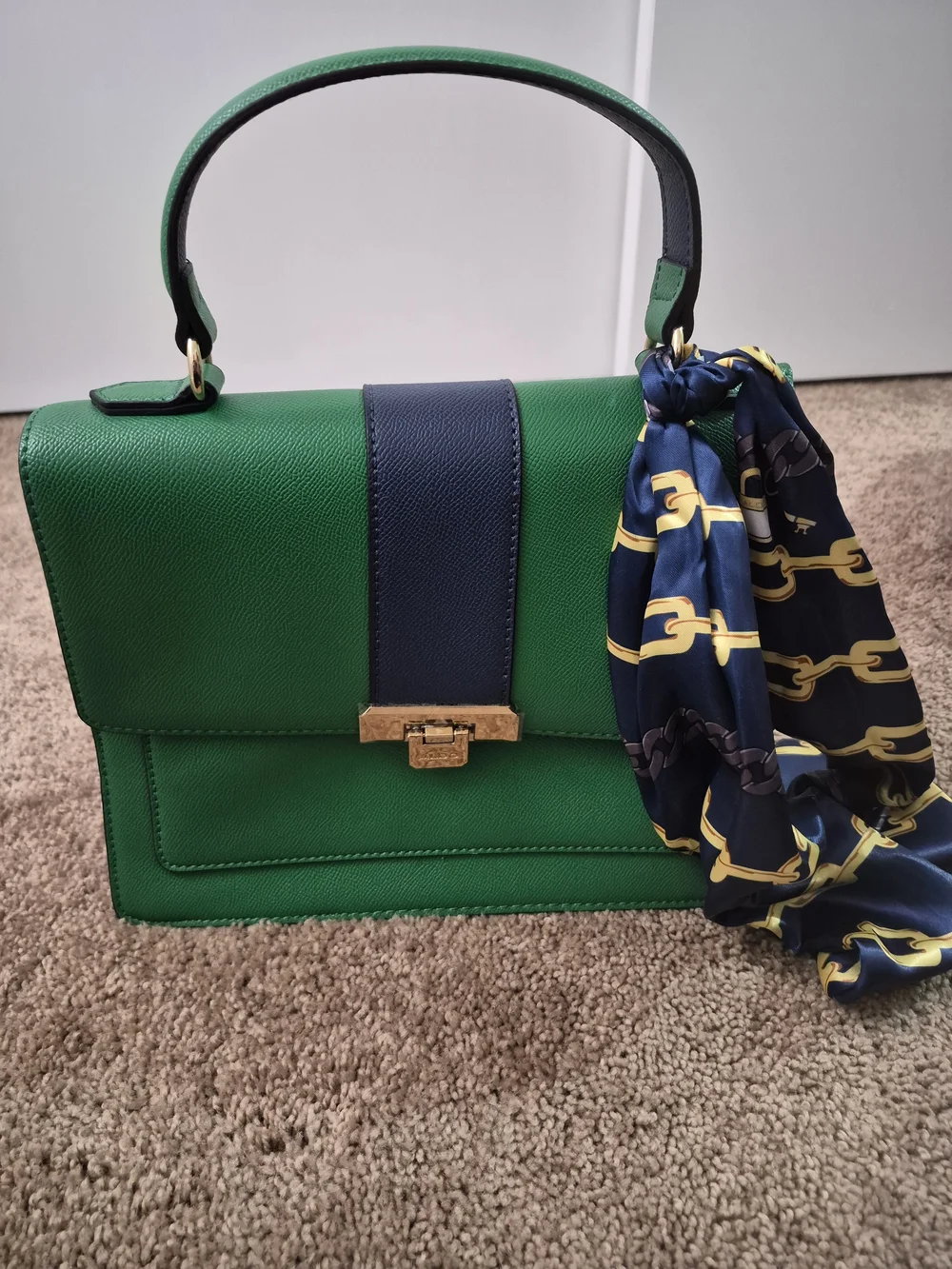Green Top-Handle Satchel with Navy Accent and Gold Hardware